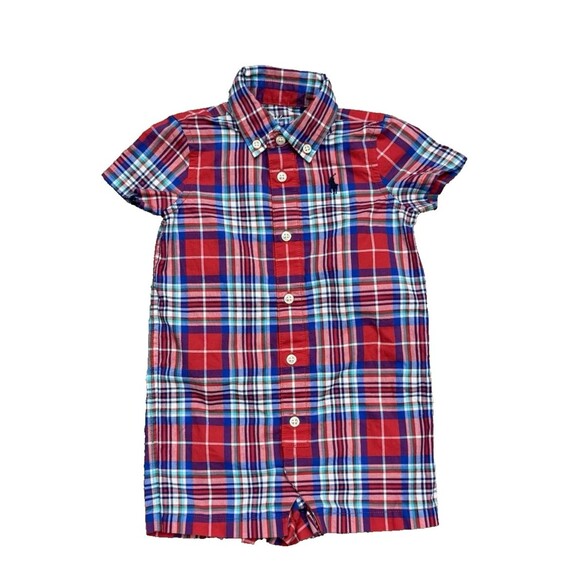 Ralph Lauren Romper Baby Boys 6M Months Red Blue Plaid Collared Button Up - Picture 1 of 8